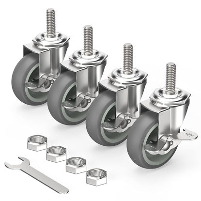 Picture of HOLKIE Caster Wheels 3 inch Locking Stem Casters, 3/8" -16 x 1-1/2" (Stem Diameter 3/8", Stem Length 1-1/2") Threaded Stem Casters Swivel Casters Set of 4 Heavy Duty Castors Gray