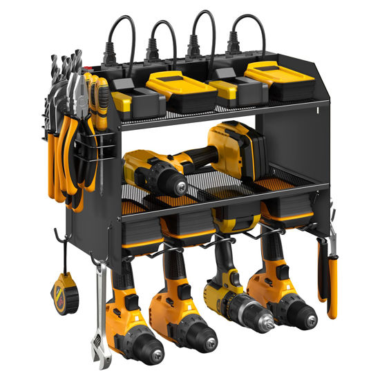 Picture of CCCEI Modular Power Tool Organizer Wall Mount with Charging Station. Garage 4 Drill Storage Shelf with Hooks, Screwdriver, Drill Bit Heavy Duty Rack, Tool Battery Holder Built in 8 Outlet Power Strip.