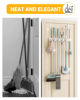Picture of Lorbro Broom Holder Door Mount, Over the Door Broom and Mop Holder with 2 Over Door Hooks, Wood Broom Hanger, Tool Rack Organizer for Laundry, Garage, Closet, Kitchen Decor, 4 Slots & 4 Hooks Rustic