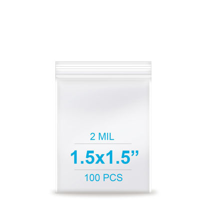 Picture of 1.5''x 1.5'', (Pack of 100) 2 mil Thick Clear Plastic Reclosable Zip Poly Bags with Resealable Lock Seal Zipper for Photo, Jewelry, Bakery, Treats, Travel, Storage, Packaging & Shipping…