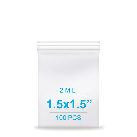 Picture of 1.5''x 1.5'', (Pack of 100) 2 mil Thick Clear Plastic Reclosable Zip Poly Bags with Resealable Lock Seal Zipper for Photo, Jewelry, Bakery, Treats, Travel, Storage, Packaging & Shipping…