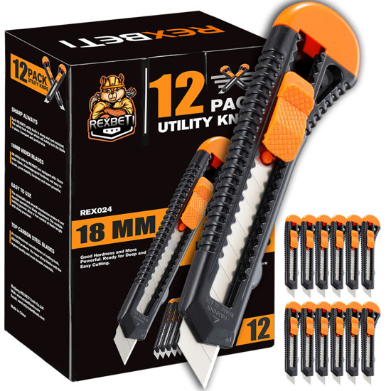 Picture of REXBETI 12-Pack Utility Knife, Retractable Box Cutter for Cartons, Cardboard and Boxes, 18mm Wider Razor Sharp Blade, Smooth Mechanism, Perfect for Office and Home use