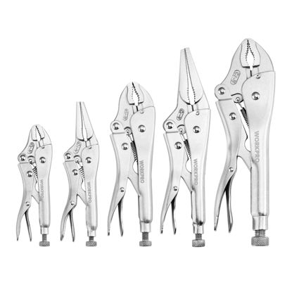 Picture of WORKPRO 5-Piece Locking Pliers Set, Pliers Tool Set, Vice Grips with Chrome-vanadium Steel, 5/7/10 inch Curved Jaw Pliers, 6.5/9 inch Long Nose Pliers