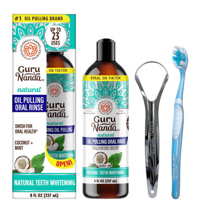 Picture of GuruNanda Coconut Oil Pulling, Fresh Breath & Whitening Mouthwash, 7 Essential Oils & Vitamins for Happy Teeth & Gums, Alcohol-Free, 8 oz