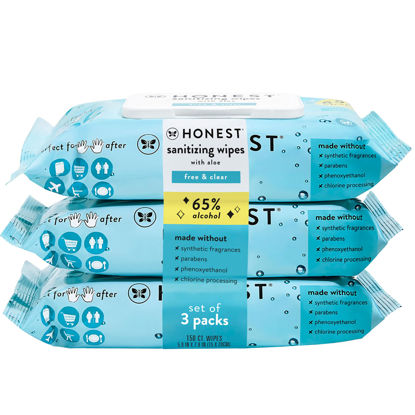 Picture of The Honest Company Sanitizing Alcohol Wipes | Kills 99% of Germs, Made With Aloe | Unscented, 150 Count (3 Packs of 50)