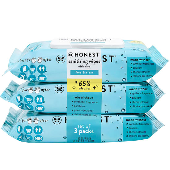 Picture of The Honest Company Sanitizing Alcohol Wipes | Kills 99% of Germs, Made With Aloe | Unscented, 150 Count (3 Packs of 50)