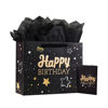 Picture of Powbrace Black Birthday Gift Bag with Tissue Paper and Greeting Card, 13'x10.2'x4.9', Medium (1-Piece Set, Black Starry Sky, Unisex, Includes Card, Ribbon, Crinkle Paper)