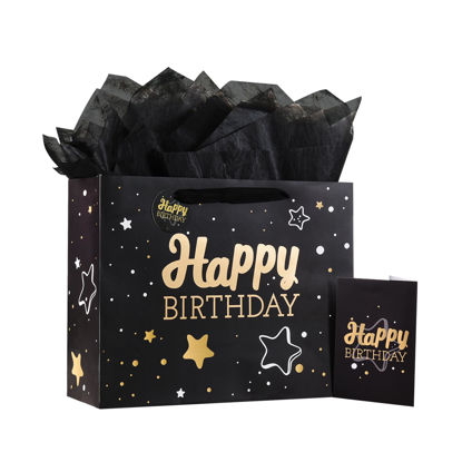 Picture of Powbrace Black Birthday Gift Bag with Tissue Paper and Greeting Card, 13'x10.2'x4.9', Medium (1-Piece Set, Black Starry Sky, Unisex, Includes Card, Ribbon, Crinkle Paper)