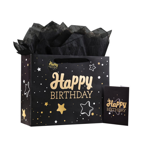 Picture of Powbrace Black Birthday Gift Bag with Tissue Paper and Greeting Card, 13'x10.2'x4.9', Medium (1-Piece Set, Black Starry Sky, Unisex, Includes Card, Ribbon, Crinkle Paper)
