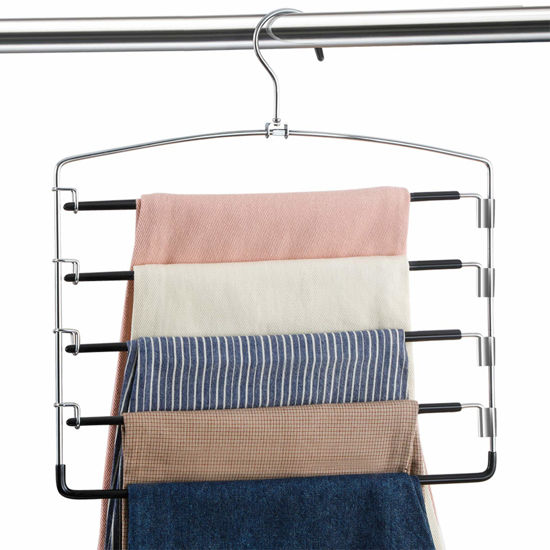 Picture of FeeraHozer Pants Hangers Non Slip 3 Pack Space Saving Hangers Multi-Layer Swing Arm Pants Hanger Stainless Steel Space Saver Hangers Closet Storage Organizer for Jeans Trouser Slack Clothes (Black)