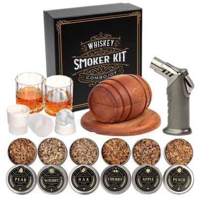 Picture of Whiskey Smoker Kit with Torch - 6 Flavors Wood Chips, 2 Glasses, 2 Ice Ball Molds - Cocktail Smoker Infuser Kit, Old Fashioned Drink Smoker Kit, Birthday Bourbon Whiskey Gifts for Men,Dad(NO Butane)