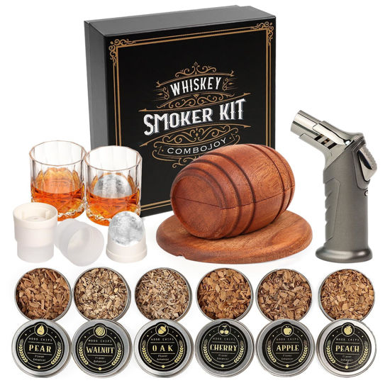 Picture of Whiskey Smoker Kit with Torch - 6 Flavors Wood Chips, 2 Glasses, 2 Ice Ball Molds - Cocktail Smoker Infuser Kit, Old Fashioned Drink Smoker Kit, Birthday Bourbon Whiskey Gifts for Men,Dad(NO Butane)