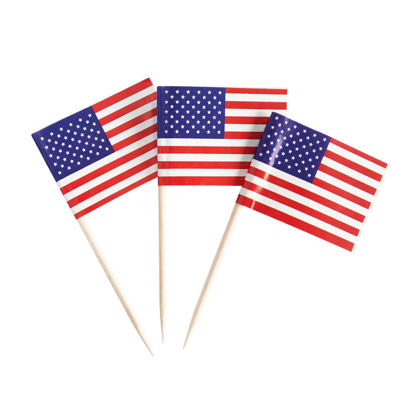 Picture of 100 Pack USA American Flag US Toothpick Flags, Cocktail Picks Mini Stick Cupcake Toppers Country Picks Party Decoration Celebration Cocktail Food Bar Cake Flags (American)