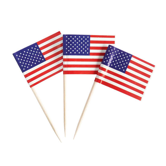 Picture of 100 Pack USA American Flag US Toothpick Flags, Cocktail Picks Mini Stick Cupcake Toppers Country Picks Party Decoration Celebration Cocktail Food Bar Cake Flags (American)