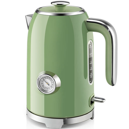Picture of SUSTEAS Electric Kettle - 57oz Hot Tea Water Boiler with Thermometer, 1500W Fast Heating Stainless Steel Pot, Cordless LED Indicator, Auto Shut-Off & Boil Dry Protection, Retro Green