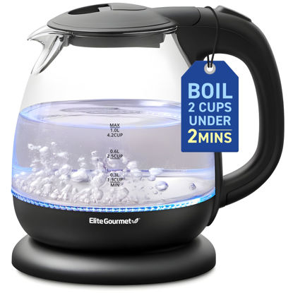 Picture of Elite Gourmet EKT1001B Electric 1.0L BPA-Free 1100W Glass Kettle Cordless 360° Base, Stylish Blue LED Interior, Handy Auto Shut-Off Function - Quickly Boil Water For Tea & More, Graphite Black