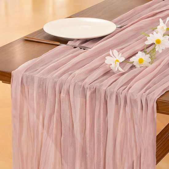 Picture of Socomi Pink Table Runner Valentine's Day Cheesecloth Table Runner Spring Easter 120 inch Cheese Cloth Runner 10FT Boho Rustic Gauze Table Runner for Wedding Party Baby Shower Birthday Decor