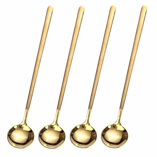 Picture of 4 PCS 6.7 Inches Coffee Spoons, Stirring Spoons, Tea Spoons Long Handle, Gold Teaspoons, Gold Spoons, Ice Tea Spoons, Long Spoons for Stirring, Gold Espresso Spoons Stainless Steel