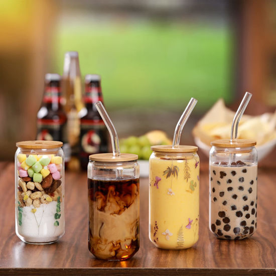 GetUSCart- Drinking Glasses with Bamboo Lids and Glass Straw 4pcs Set ...