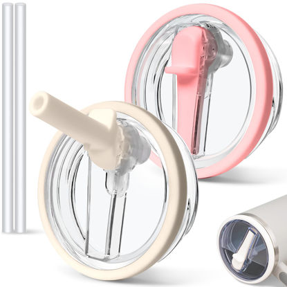 Picture of 2 PCS 30 oz Spill Proof Tumbler Flip Straw Lid for Stanley Cup, Leak Proof Tumbler Lid Replacement Fit for Stanley Quencher, Reusable Tumbler Cover 30oz Stanley Cup Accessories (cream+pink)