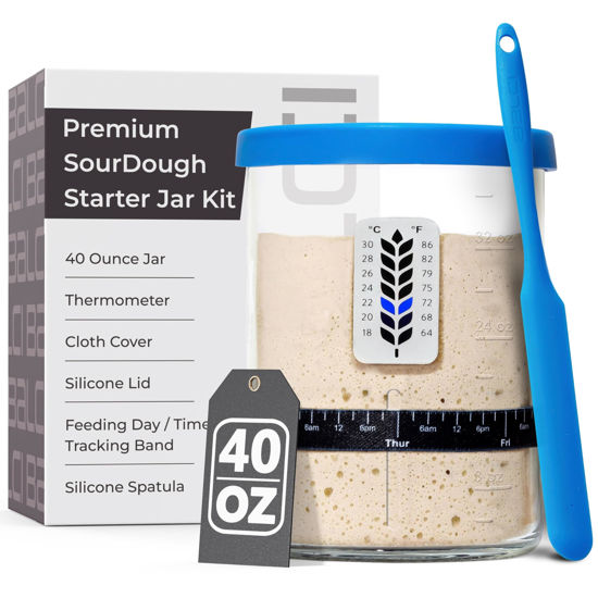Picture of Premium Sourdough Starter Jar - 40oz Large Sourdough Jar with Marked Feeding Band, Thermometer, Scraper, Cloth Cover and Silicone Lid/Base, Wide Mouth Starter Kit - Blue