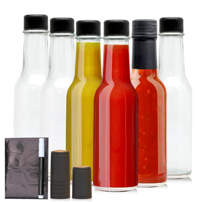 Picture of Brajttt 5oz Glass Bottle, Clear Woozy Bottles with Shrink Capsules,Empty Small Beverage/Canning Bottles with Black Caps for Kitchen and Party,6 Pack