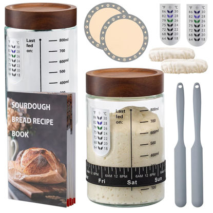 Picture of Sourdough Starter Kit,34oz Sourdough Starter Jar Glass with Sourdough Recipes Cookbook.Sourdough Bread Baking Supplies with Thermometer,Natural Wooden Lid, Anti-slip Mat,Sourdough Jar scraper (2 pack)
