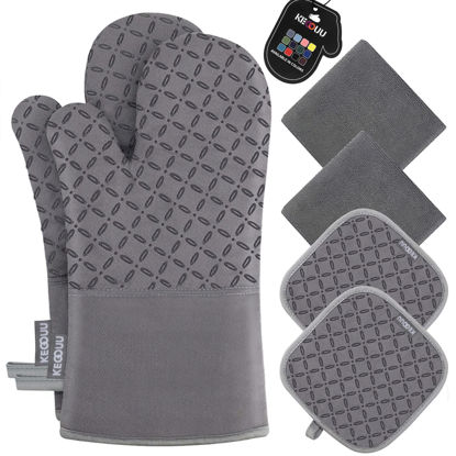 Picture of KEGOUU Oven Mitts and Pot Holders 6pcs Set, Kitchen Oven Glove High Heat Resistant 500 Degree Extra Long Oven Mitts and Potholder with Non-Slip Silicone Surface for Cooking (Grey)