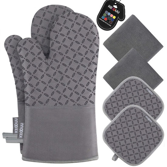 Picture of KEGOUU Oven Mitts and Pot Holders 6pcs Set, Kitchen Oven Glove High Heat Resistant 500 Degree Extra Long Oven Mitts and Potholder with Non-Slip Silicone Surface for Cooking (Grey)