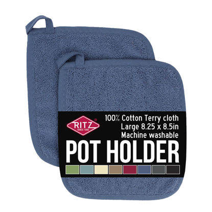 Picture of Ritz Terry 100% Cotton Potholders - Heat Resistant, Ergonomic Grip, Machine Washable - Federal Blue, 2-Pack