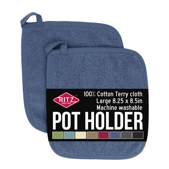 Picture of Ritz Terry 100% Cotton Potholders - Heat Resistant, Ergonomic Grip, Machine Washable - Federal Blue, 2-Pack