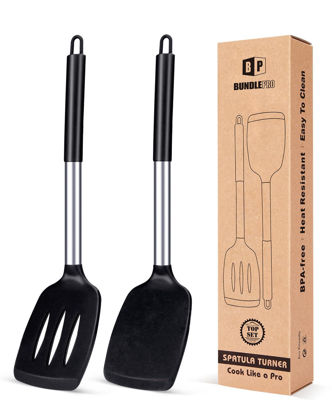 Picture of Pack of 2 Silicone Solid Turner, Non Stick Slotted Kitchen Spatulas, High Heat Resistant BPA Free Cooking Utensils, Ideal Cookware for Fish, Eggs, Pancakes(Black)