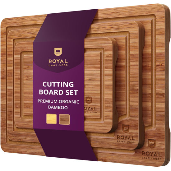 Picture of ROYAL CRAFT WOOD Wooden Cutting Boards for Kitchen Meal Prep & Serving - Bamboo Wood Serving Board Set with Deep Juice Groove Side Handles - Charcuterie & Chopping Butcher Block for Meat (3 Pcs)
