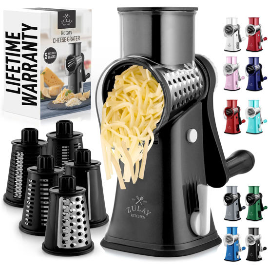 Picture of Zulay Kitchen Rotary Cheese Grater 5 Blade Cheese Shredder - Manual Hand Crank Cheese Grater With Reinforced Suction & 5 Interchangeable Drums - Easy to Use, Vegetable Chopper Round Mandoline Slicer