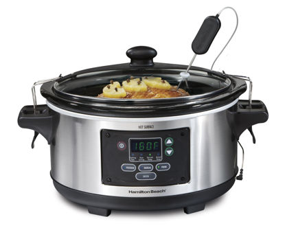 Picture of Hamilton Beach Portable 6 Quart Digital Programmable Slow Cooker Lock, Dishwasher Safe Crock & Lid, Set & Forget, Stainless Steel