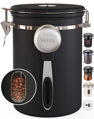 Picture of Veken Coffee Canister with Window, Airtight Stainless Steel Kitchen Food Storage Container, Date Tracker and Scoop for Grounds Coffee Bar Accessories, Beans, Tea, Flour, Cereal, Sugar, 22OZ, Black