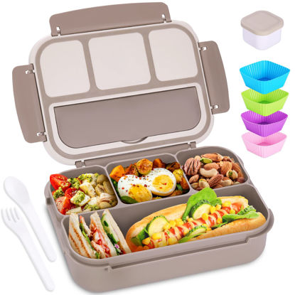 Picture of Bento Box Adult Lunch Box, Containers for Adults Men Women with 4 Compartments, Lunchable Food Container with Utensils, Sauce Jar, Muffin Liners, 40 Oz/5 Cup, Microwave & Dishwasher Safe, Brown