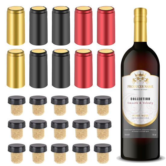 Picture of Wine Sealer for Wine Bottles - 60 pcs Wine Bottle Resealer Kit for Cruise with PVC Heat Shrink Capsules, Cork Stopper with Plastic Top for Home Use