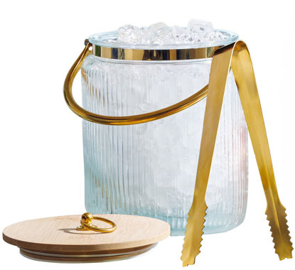 Picture of Glass Ice Bucket with Airtight Lid, Ice Tong Scooper and Handle - 3L Ribbed Beverage Tub Cocktail Home Bar Accessories, Wine, Beer - Chiller for Parties, Champagne Drink Tub Cooler with Hinged Handles