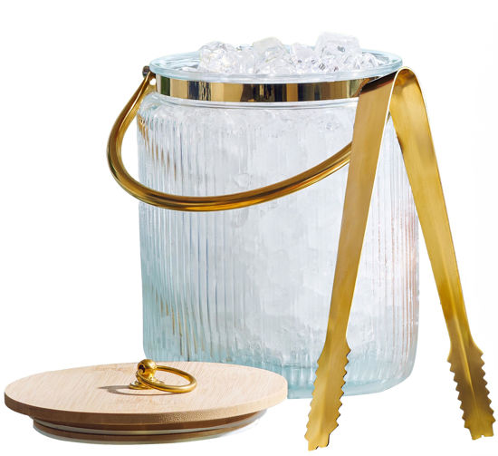 Picture of Glass Ice Bucket with Airtight Lid, Ice Tong Scooper and Handle - 3L Ribbed Beverage Tub Cocktail Home Bar Accessories, Wine, Beer - Chiller for Parties, Champagne Drink Tub Cooler with Hinged Handles