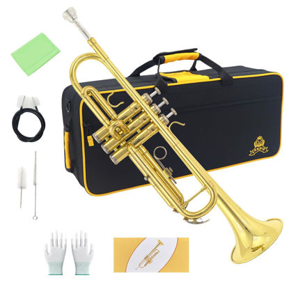 Picture of Bb Standard Trumpet Set,Band & Orchestra Musical Instruments for Beginners or Advanced Students,with Trumpet case,Trumpet cleaning kit,Trumpet mouthpiece,Cloth and Gloves (Golden)