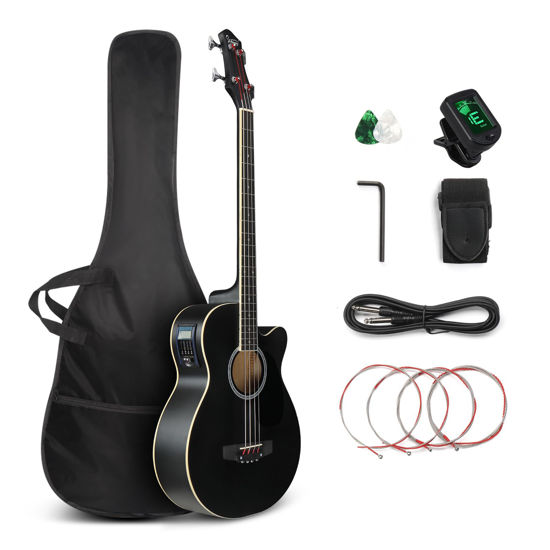 Picture of GLARRY Full Size Acoustic Electric Bass Guitar Beginner Kit, Cutaway 4 Strings Electric Acoustic Bass Guitar w/Inbuilt Tuner, Bag, Strap, Picks, Strings, Basswood Bass Guitarra, Matte Black