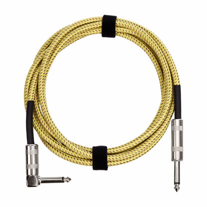 Picture of Amazon Basics TS 1/4 Inch Tweed Cloth Jacket Right-Angle Instrument Cable for Electric Guitar, 10 Foot, Yellow & Brown