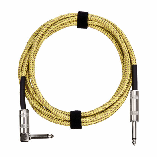Picture of Amazon Basics TS 1/4 Inch Tweed Cloth Jacket Right-Angle Instrument Cable for Electric Guitar, 10 Foot, Yellow & Brown