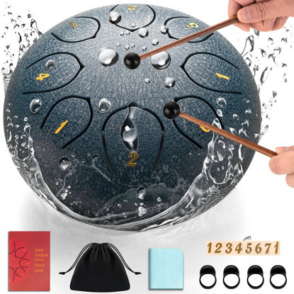 Picture of CAHAYA Steel Tongue Drum 6-Inch: 8 Notes Steel Percussion Hand Drum with Music Book Drum Mallets Finger Paddles Carry Bag for Kids Gift Musical Education Meditation Navy Blue CY00372-2
