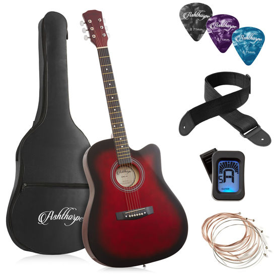 Picture of Ashthorpe 41-inch Beginner Cutaway Acoustic Guitar Package (Red), Full Size Basic Starter Kit w/Gig Bag, Strings, Strap, Tuner, Picks