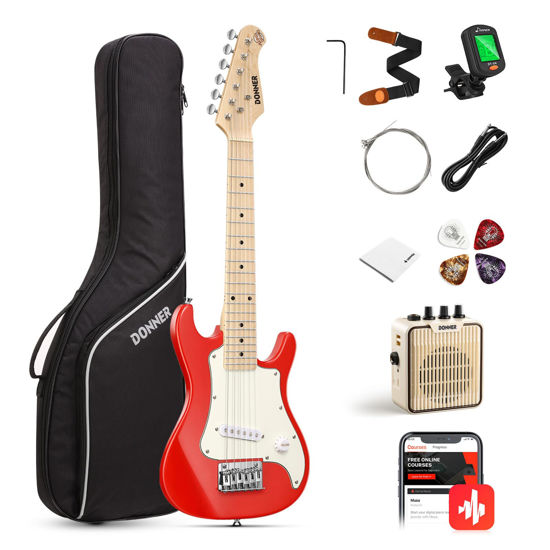 Picture of Donner 30 Inch Kids Electric Guitar Beginner Kits ST Style Mini Electric Guitar for Boys Girls with Amp, 600D Bag, Tuner, Picks, Cable, Strap, Extra Strings, DSJ-100, Red