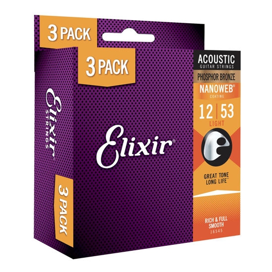 Picture of Elixir Strings, Acoustic Guitar Strings, Phosphor Bronze with NANOWEB Coating, Longest-Lasting Rich and Full Tone with Comfortable Feel, 6 String Set, 3 Pack, Light 12-53