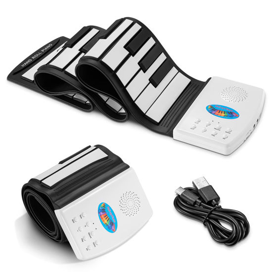 Picture of POGOLAB 49 Key Roll Up Keyboard Piano, Portable Digital Electric Foldable Piano Keyboard, Rechargeable, 47 Tones, 14 Educational Demo Songs, for Beginners Gift (Black & White Key)