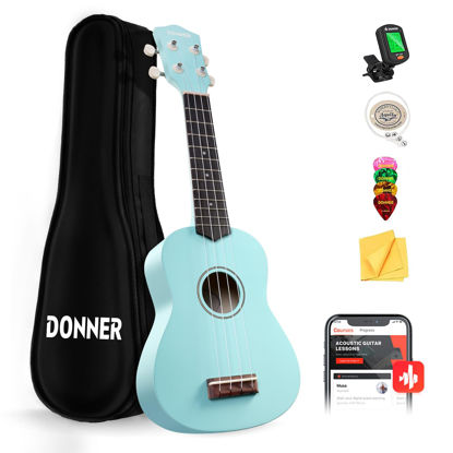 Picture of Donner Soprano Ukulele for Beginner 21 Inch Matte Ukulele Beginner Kit with Bag Strap Tuner Strings Picks Cloth, Free Online Lessons, Holiday Christmas & Birthday Gift (Cyan Blue)